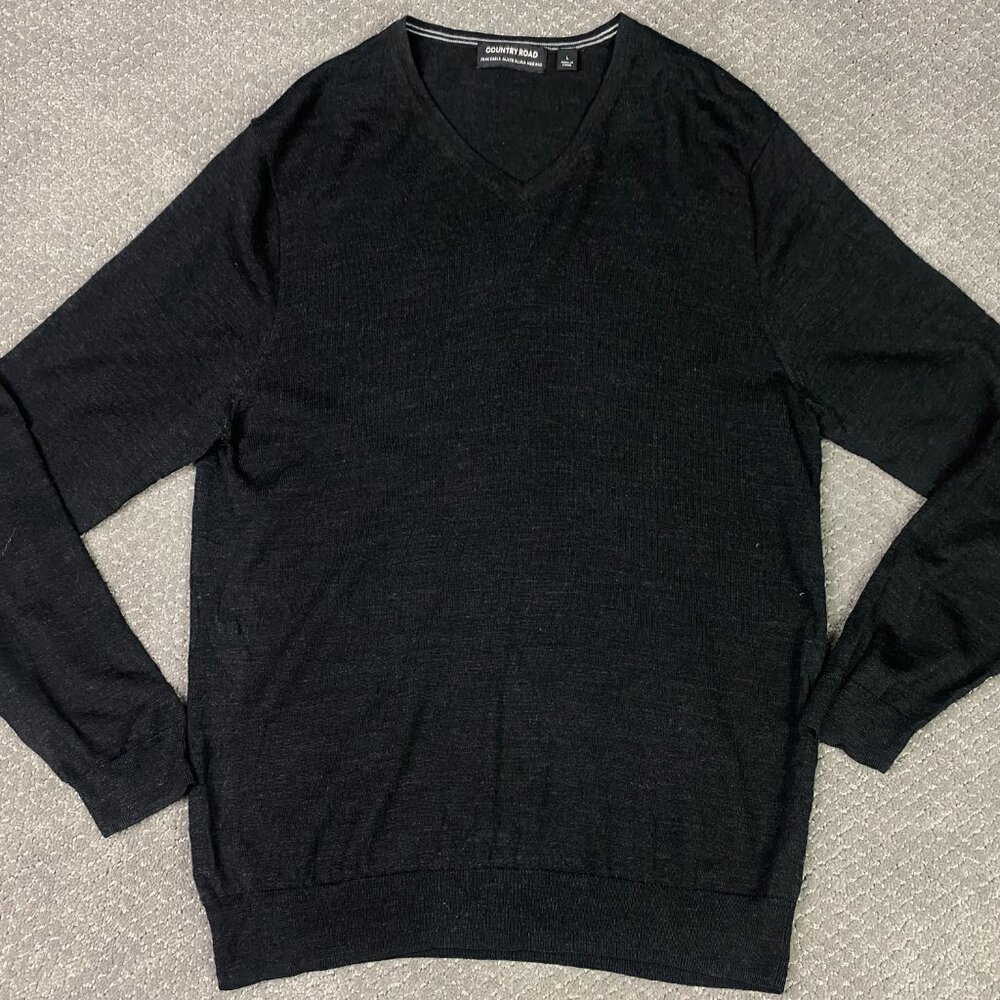 Country Road Merino Wool Sweater Men's Large Black V-Neck Pullover Jumper